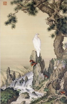 ラング・シャイニング Painting - 滝の近くのラング輝く白い鳥古い墨 ジュゼッペ・カスティリオーネ